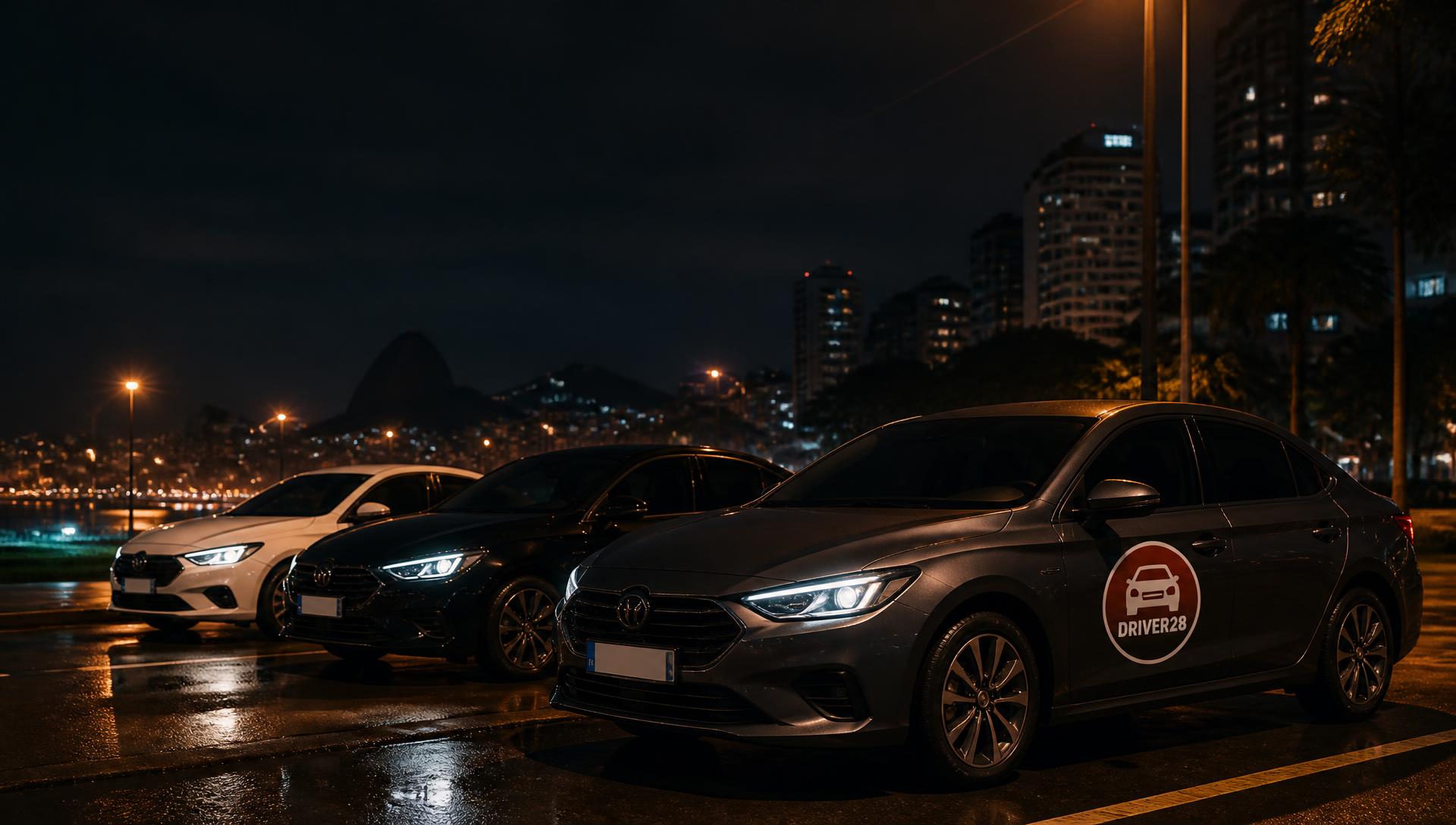Três carros estacionados em rua urbana à noite com reflexos de luzes e logomarca DRIVER28